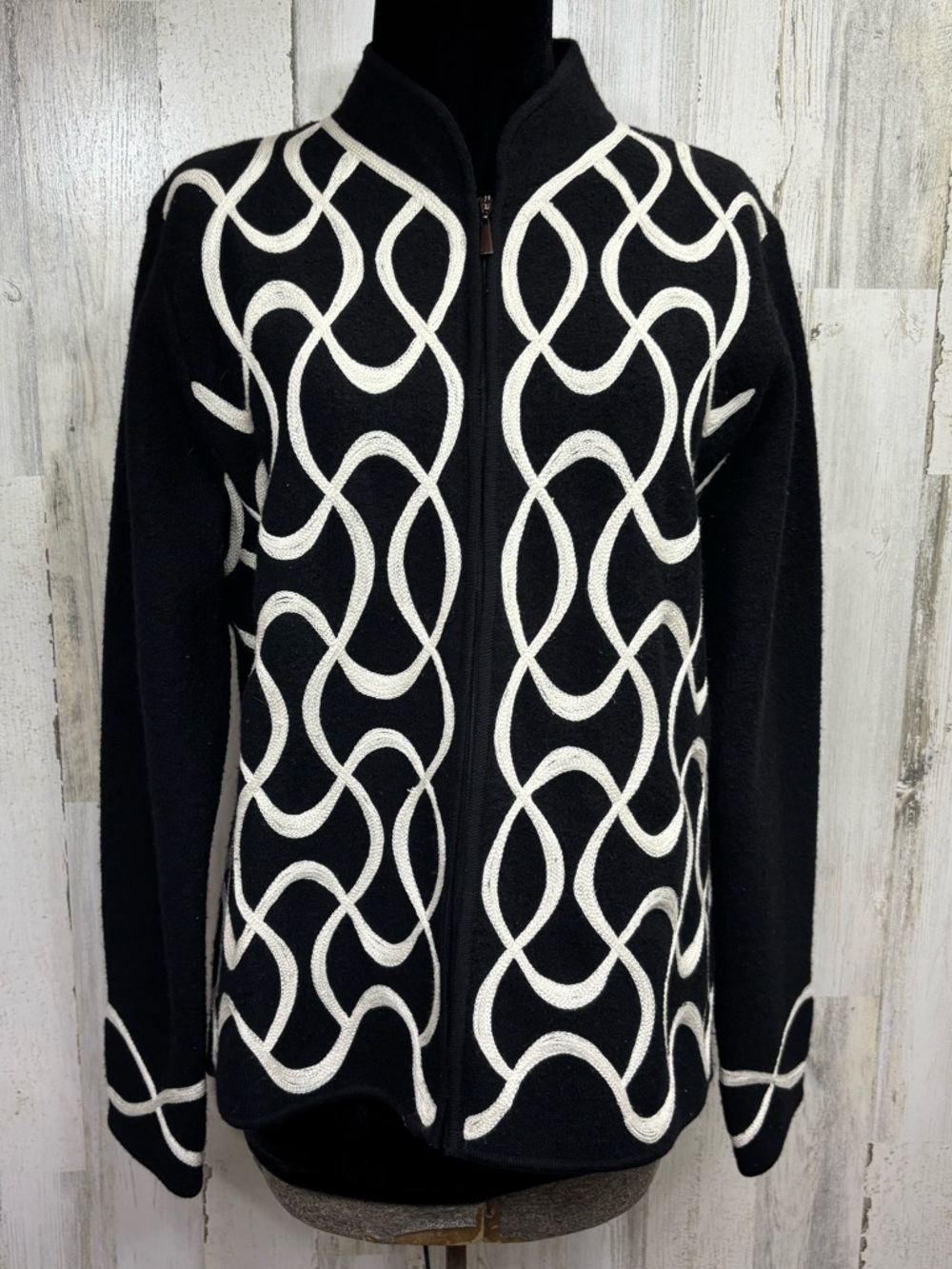 Talbots Vintage Black Boiled Wool Zipper Jacket with Ivory Chain Pattern